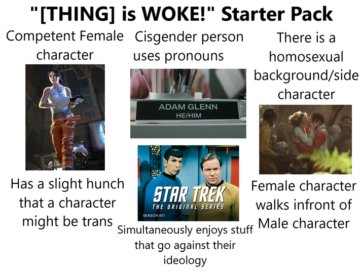 "[THING] is WOKE!" Starter Pack Competent Female Cisgender person character uses pronouns ADAM GLENN HE/HIM There is a homosexual background/side character Has a slight hunch that a character might be trans STAR TREK THE ORIGINAL SERIES SEASON #01 Simultaneously enjoys stuff that go against their ideology Female character walks infront of Male character