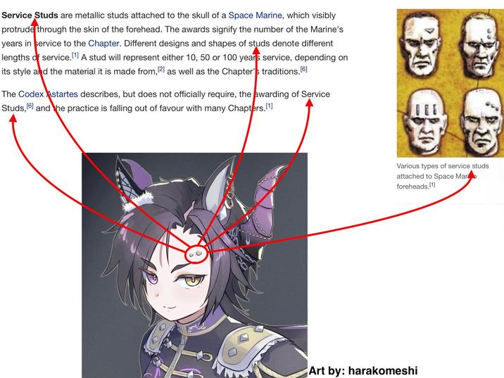 Service Studs are metallic studs attached to the skull of a Space Marine, which visibly protrude through the skin of the forehead. The awards signify the number of the Marine's years in service to the Chapter. Different designs and shapes of studs denote different lengths of service. [1] A stud will represent either 10, 50 or 100 years service, depending on its style and the material it is made from, [2] as well as the Chapter's traditions.[6] The Codex Astartes describes, but does not officially require, the awarding of Service Studs, [6] and the practice is falling out of favour with many Chapters.[1] Various types of service studs attached to Space Mare foreheads.[1] Art by: harakomeshi