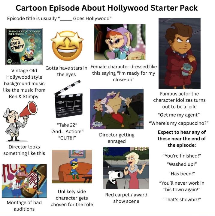 Cartoon Episode About Hollywood Starter Pack Episode title is usually "_ Goes Hollywood" PRODUCTION MUSIC from REN & STIMPY 109 VINTAGE INSTRUMENT TRACKS Vintage Old Hollywood style background music like the music from Ren & Stimpy Gotta have stars in Female character dressed like the eyes this saying "I'm ready for my close-up" Director looks something like this 2-18 DA Montage of bad auditions DNO TAKE HOLL DATE PROD.C DIRECTOR CAMERAMAN SOUND "Take 22" "And... Action!" "CUT!!!" Director getting enraged Unlikely side character gets chosen for the role Red carpet/award show scene Famous actor the character idolizes turns out to be a jerk "Get me my agent" "Where's my cappuccino?" Expect to hear any of these near the end of the episode: "You're finished!" "Washed up!" "Has been!" "You'll never work in this town again!" "That's showbiz!"