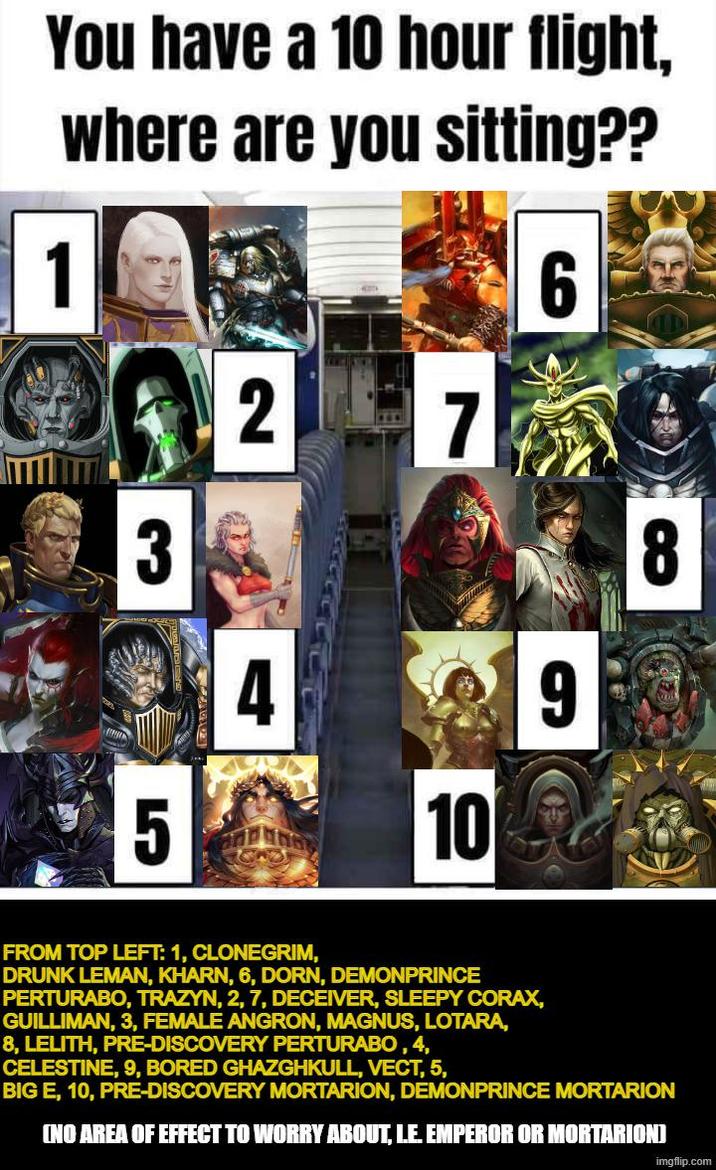You have a 10 hour flight, where are you sitting?? 1 2 7 6 3 5 4 10 9 8 FROM TOP LEFT: 1, CLONEGRIM, DRUNK LEMAN, KHARN, 6, DORN, DEMONPRINCE PERTURABO, TRAZYN, 2, 7, DECEIVER, SLEEPY CORAX, GUILLIMAN, 3, FEMALE ANGRON, MAGNUS, LOTARA, 8, LELITH, PRE-DISCOVERY PERTURABO, 4, CELESTINE, 9, BORED GHAZGHKULL, VECT, 5, BIG E, 10, PRE-DISCOVERY MORTARION, DEMONPRINCE MORTARION [NO AREA OF EFFECT TO WORRY ABOUT, LE. EMPEROR OR MORTARION] imgflip.com