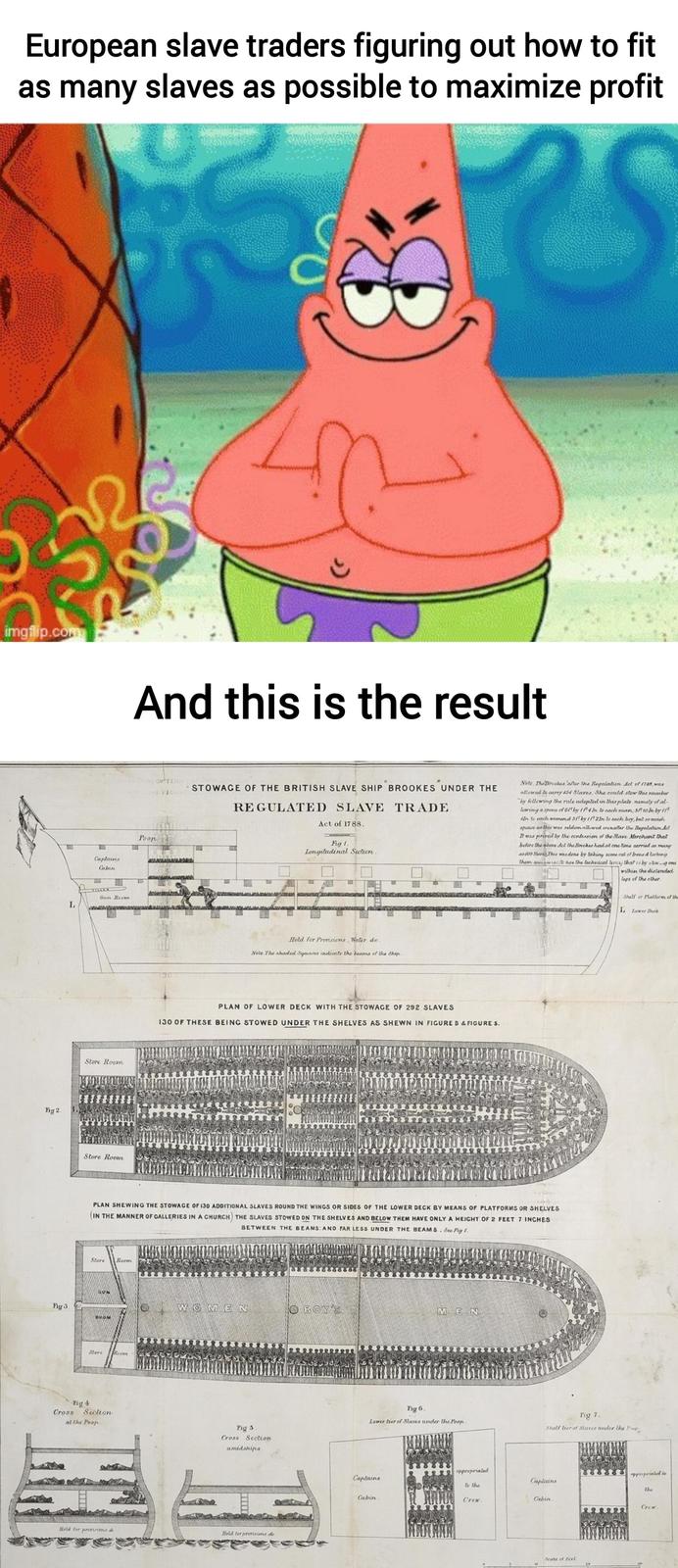 European slave traders figuring out how to fit as many slaves as possible to maximize profit imgflip.com Fig 2. Fig 3. L Captains Cabin n www Gun Reem Store Room Store Room « And this is the result Poop CYFTERIE 10 STOWAGE OF THE BRITISH SLAVE SHIP BROOKES UNDER THE ERROR REGULATED SLAVE TRADE Act of 1788. Fig 1. Longitudinal Section. Hold for Provisions, Water do. Note The shaded Squares indicate the beams of the Ship. PLAN OF LOWER DECK WITH THE STOWAGE OF 292 SLAVES 130 OF THESE BEING STOWED UNDER THE SHELVES AS SHEWN IN FIGURE B & FIGURE 5. Note. The Brookes after the Regulation Act of 1788, was allowed to carry 454 Slaves, She could stow this number "by following the rule adopted in this plate namely of al- lowing a space of 6f by 14 In to each man; 3f 10 In by if 4In to each womend 51 by 1121n to each boy, but so much space as this was seldom allowed crenafter the Regulation Act It was prired by the confession of the Slave Merchant that before the above del the Brookes had at one time carried as many as 609 Slaves This was done by taking some cut of Irene d locking them swis fe use the technical terra) that is by slow..g one within the distended legs of the other. Shelf er Platform of th L Lower Deck. PLAN SHEWING THE STOWAGE OF 130 ADDITIONAL SLAVES ROUND THE WINGS OR SIDES OF THE LOWER DECK BY MEANS OF PLATFORMS OR SHELVES (IN THE MANNER OF GALLERIES IN A CHURCH) THE SLAVES STOWED ON THE SHELVES AND BELOW THEM HAVE ONLY A HEIGHT OF 2 FEET 7 INCHES BETWEEN THE BEAMS: AND FAR LESS UNDER THE BEAMS. See Fig 1. Store Room Stere Reem Fig 4 Cross Section at the Poop. WOMENO BOYS MEN Fig 6. Lower tier of Slaves under the Poop. Fig 7. Pig 5. Shelf tier of Slaves under the Poor Cross Section amidships Held for previstens de Hold for provisions.de Captains appropriated to the Captains appropriated to the Cabin. Crew. Cabin Crew. Scate of Peet
