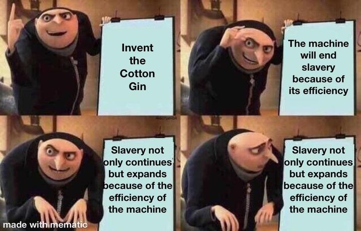Invent the Cotton Gin The machine will end slavery because of its efficiency made with mematic Slavery not only continues but expands because of the efficiency of the machine Slavery not only continues but expands because of the efficiency of the machine