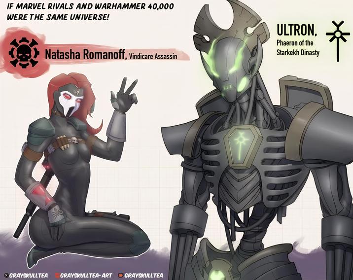 IF MARVEL RIVALS AND WARHAMMER 40,000 WERE THE SAME UNIVERSE! Natasha Romanoff, Vindicare Assassin × GRAYSKULLTEA GRAYSKULLTEA-ART GRAYSKULLTEA ULTRON. Phaeron of the Starkekh Dinasty -