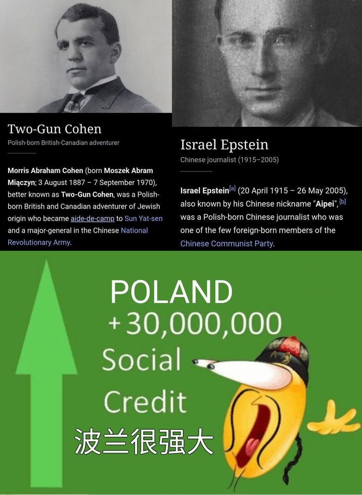 Two-Gun Cohen Polish-born British-Canadian adventurer Morris Abraham Cohen (born Moszek Abram Miączyn; 3 August 1887 - 7 September 1970), better known as Two-Gun Cohen, was a Polish- born British and Canadian adventurer of Jewish origin who became aide-de-camp to Sun Yat-sen and a major-general in the Chinese National Revolutionary Army. Israel Epstein Chinese journalist (1915-2005) Israel Epstein [a] (20 April 1915 - 26 May 2005), also known by his Chinese nickname "Aipei", [b] was a Polish-born Chinese journalist who was one of the few foreign-born members of the Chinese Communist Party. POLAND +30,000,000 Social Credit 波兰很强大 *