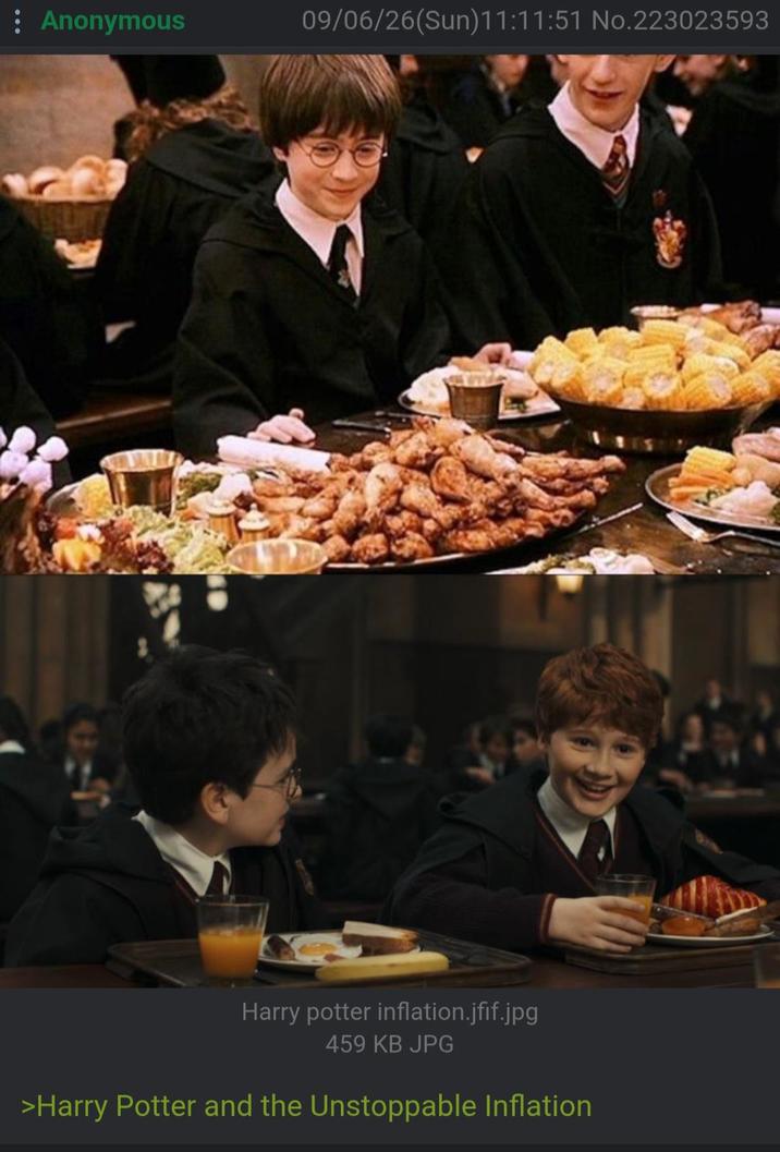 : Anonymous 09/06/26(Sun)11:11:51 No.223023593 Harry potter inflation.jfif.jpg 459 KB JPG >Harry Potter and the Unstoppable Inflation