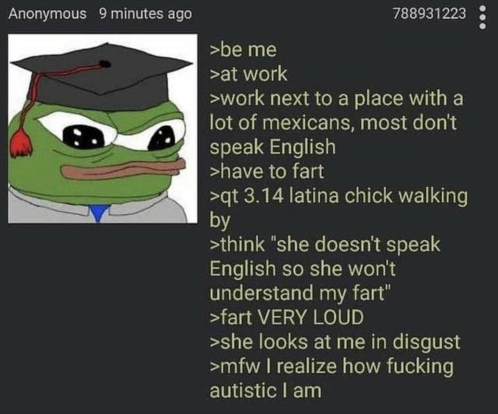 Anonymous 9 minutes ago >be me >at work 788931223 >work next to a place with a lot of mexicans, most don't speak English >have to fart >qt 3.14 latina chick walking by >think "she doesn't speak English so she won't understand my fart" >fart VERY LOUD >she looks at me in disgust >mfw I realize how f------ autistic I am