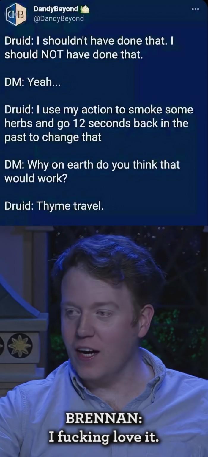 DandyBeyond B @DandyBeyond Druid: I shouldn't have done that. I should NOT have done that. DM: Yeah... Druid: I use my action to smoke some herbs and go 12 seconds back in the past to change that DM: Why on earth do you think that would work? Druid: Thyme travel. BRENNAN: I f------ love it.