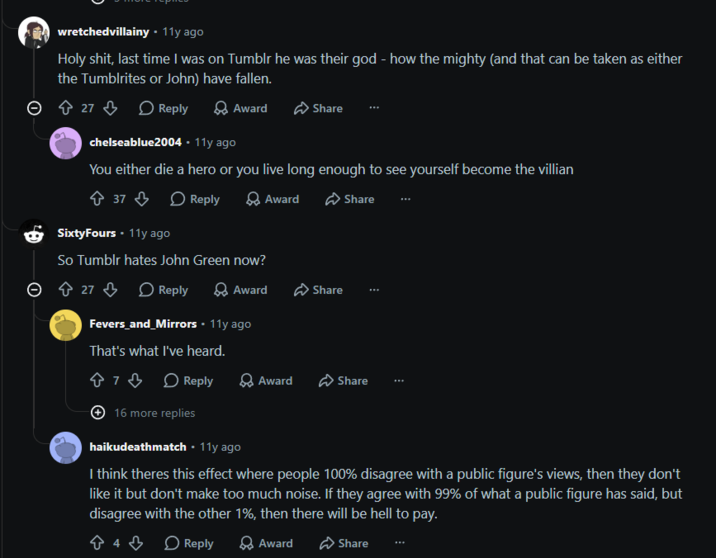 wretchedvillainy • 11y ago H--------, last time I was on Tumblr he was their god - how the mighty (and that can be taken as either the Tumblrites or John) have fallen. 27 Reply Award Share chelseablue2004-11y ago You either die a hero or you live long enough to see yourself become the villian +37 Reply o SixtyFours - 11y ago So Tumblr hates John Green now? 27 Reply Award Award Share Fevers_and_Mirrors • 11y ago Share That's what I've heard. 7 Reply Award Share 16 more replies haikudeathmatch • 11y ago I think theres this effect where people 100% disagree with a public figure's views, then they don't like it but don't make too much noise. If they agree with 99% of what a public figure has said, but disagree with the other 1%, then there will be hell to pay. 4 Reply > Award Share