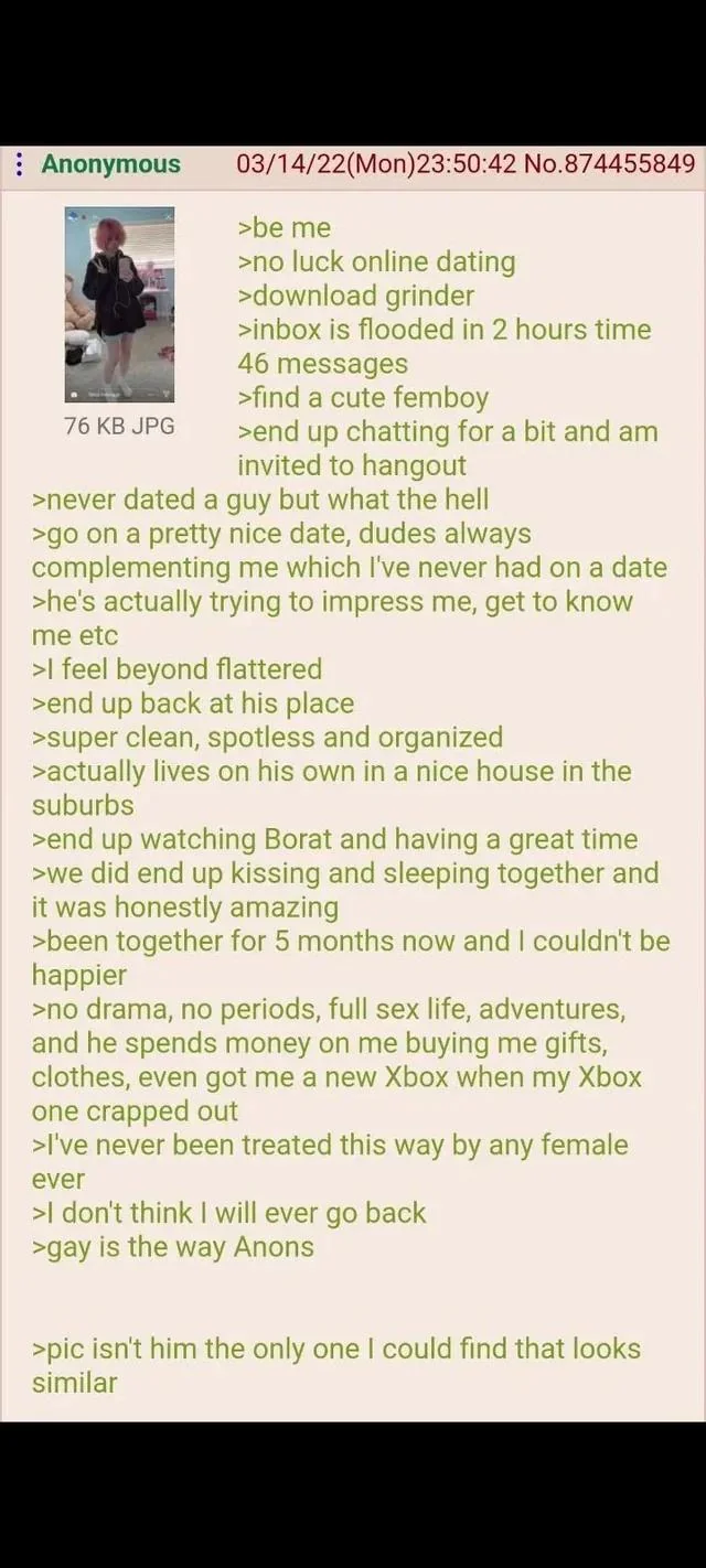 : Anonymous 76 KB JPG 03/14/22(Mon)23:50:42 No.874455849 >be me >no luck online dating >download grinder >inbox is flooded in 2 hours time 46 messages >find a cute femboy >end up chatting for a bit and am invited to hangout >never dated a guy but what the hell >go on a pretty nice date, dudes always complementing me which I've never had on a date >he's actually trying to impress me, get to know me etc >I feel beyond flattered >end up back at his place >super clean, spotless and organized >actually lives on his own in a nice house in the suburbs >end up watching Borat and having a great time >we did end up kissing and sleeping together and it was honestly amazing >been together for 5 months now and I couldn't be happier >no drama, no periods, full sex life, adventures, and he spends money on me buying me gifts, clothes, even got me a new Xbox when my Xbox one crapped out >I've never been treated this way by any female ever >I don't think I will ever go back >gay is the way Anons >pic isn't him the only one I could find that looks similar