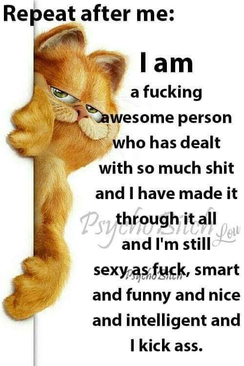 Repeat after me: I am a f------ awesome person who has dealt with so much s--- and I have made it Psy through it all e and I'm still Low sexy as f---, smart and funny and nice and intelligent and I kick ass.