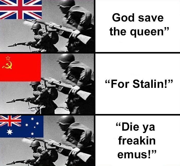NV K God save the queen" "For Stalin!" "Die ya freakin emus!"
