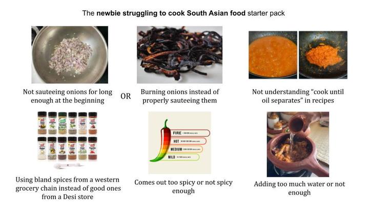 The newbie struggling to cook South Asian food starter pack Not sauteeing onions for long enough at the beginning OR Burning onions instead of properly sauteeing them Not understanding "cook until oil separates" in recipes FIRE HOT MEDIUM MILD Using bland spices from a western grocery chain instead of good ones from a Desi store Comes out too spicy or not spicy enough Adding too much water or not enough