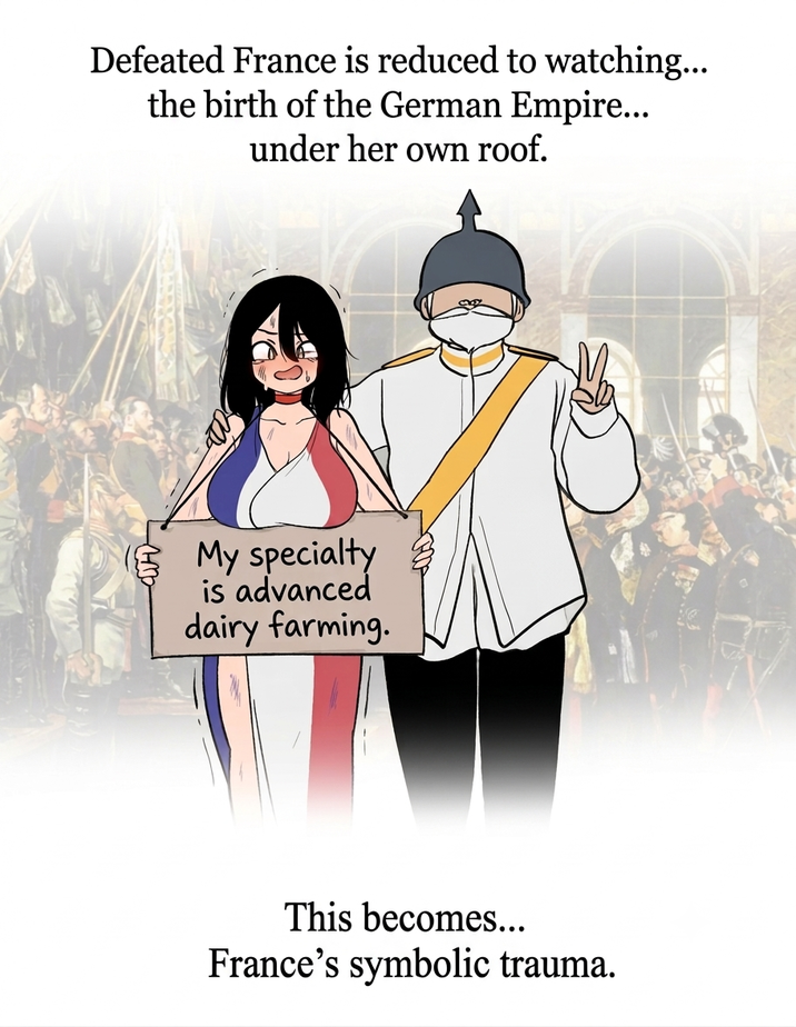 Defeated France is reduced to watching... the birth of the German Empire... under her own roof. My specialty is advanced dairy farming. This becomes... France's symbolic trauma.