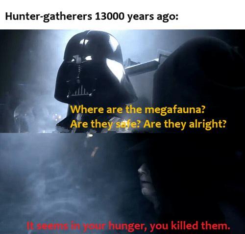 Hunter-gatherers 13000 years ago: Where are the megafauna? Are they safe? Are they alright? Your hunger, you killed them.