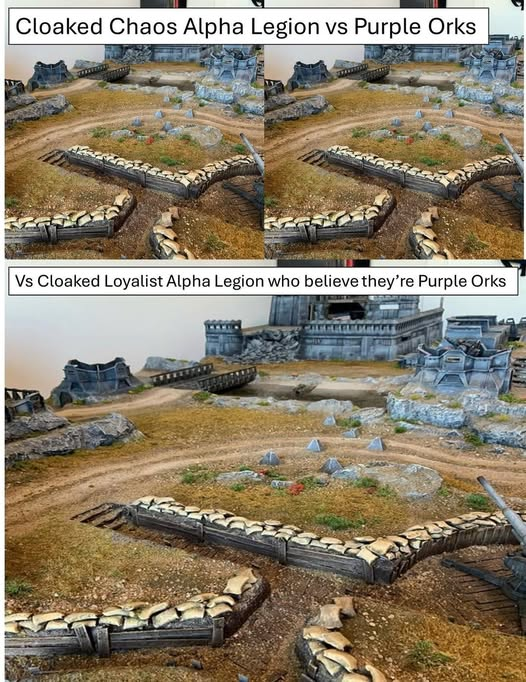 Cloaked Chaos Alpha Legion vs Purple Orks Vs Cloaked Loyalist Alpha Legion who believe they're Purple Orks