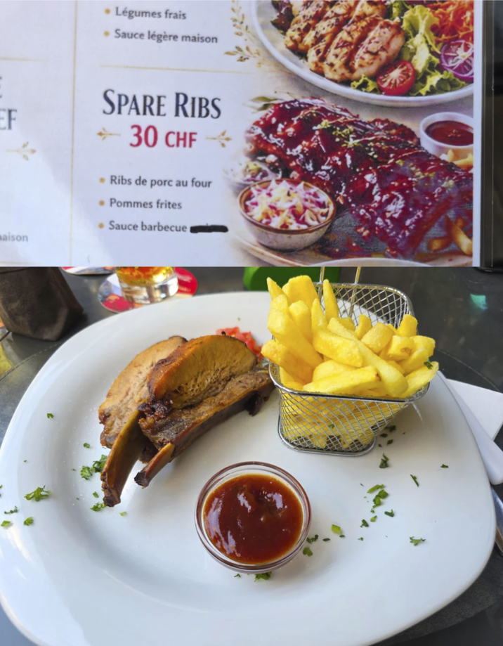 ⚫ Légumes frais ⚫ Sauce légère maison EF maison SPARE RIBS 30 CHF ⚫ Ribs de porc au four .Pommes frites ⚫ Sauce barbecue