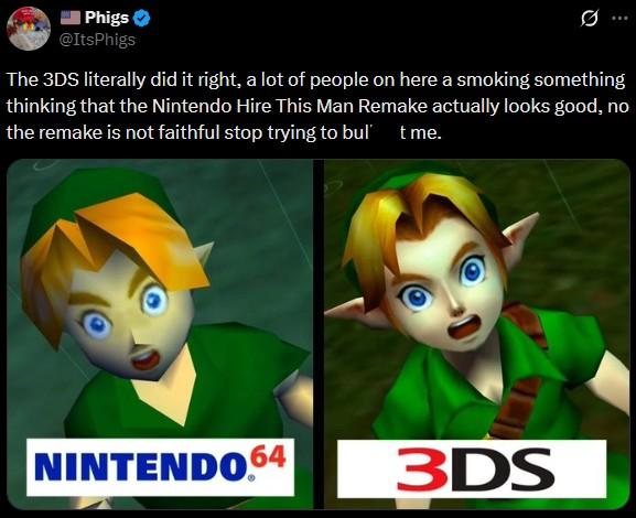 Phigs @ItsPhigs The 3DS literally did it right, a lot of people on here a smoking something thinking that the Nintendo Hire This Man Remake actually looks good, no the remake is not faithful stop trying to bul' t me. NINTENDO 64 3DS