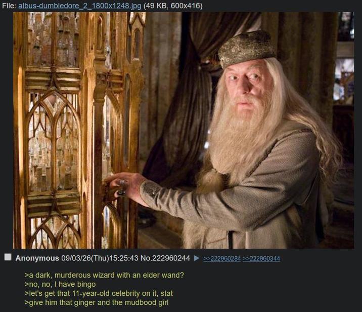 File: albus-dumbledore_2_1800x1248.jpg (49 KB, 600x416) Anonymous 09/03/26(Thu)15:25:43 No.222960244 >a dark, murderous wizard with an elder wand? >no, no, I have bingo >let's get that 11-year-old celebrity on it, stat >give him that ginger and the mudbood girl >>222960284 >>222960344