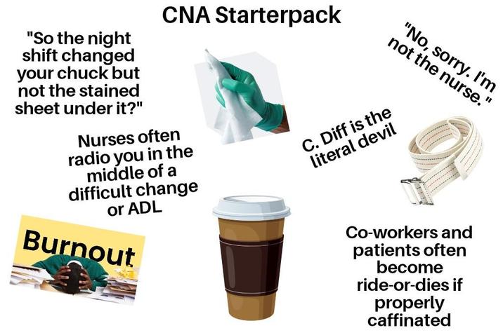 "No, sorry. I'm not the nurse." "So the night shift changed your chuck but not the stained sheet under it?" CNA Starterpack Nurses often radio you in the middle of a difficult change or ADL Burnout C. Diff is the literal devil Co-workers and patients often become ride-or-dies if properly caffinated