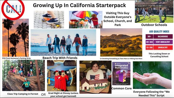 CALI Growing Up In California Starterpack LOTES ONNECT CHIC ARRONES POPE RINDS TAXILOCOS Visiting This Guy Outside Everyone's School, Church, and Park POV from Someone's Parking Strip Beach Trip With Friends 2025 Class Trip Camping in Forrest OR 20257 NNN 25 20 Grad Night at Disney (unless your school got banned) Outdoor Schools AIR QUALITY INDEX 301+ HAZARDOUS 201-300 VERY UNHEALTHY 151-200 UNHEALTHY Ur Smoking Something as Teen Here or Hiking Out Here This Locking Down or Cancelling School California ANO Integrated Mathematics TIMOTHY D. KANOLD EDWARD B. BURGER - JULI K. DIXON MATTHEW R. LARSON STEVEN J. LEINWAND Common Core Everyone Following the "We Needed This" Script