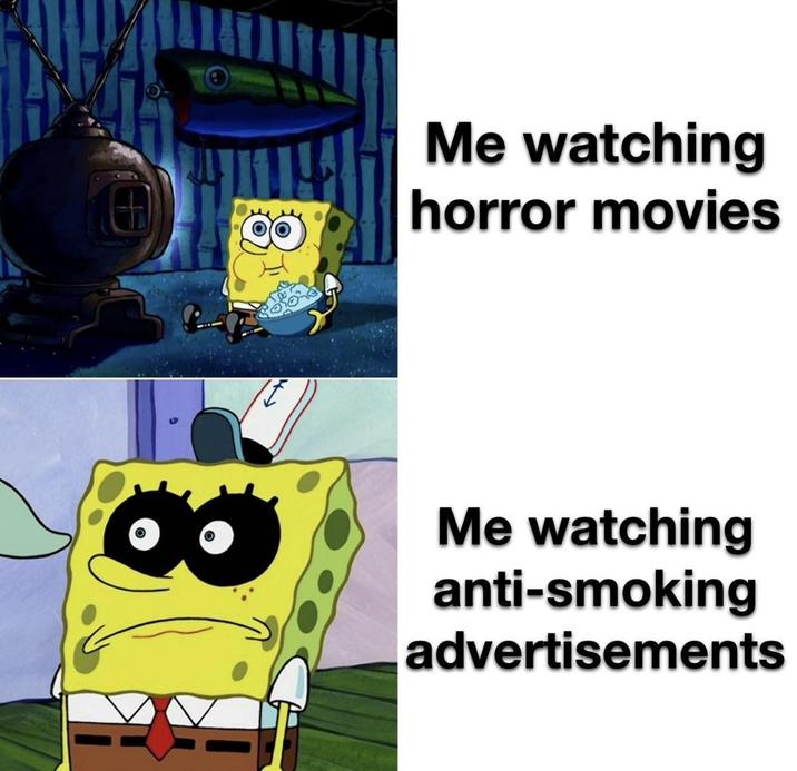 田 Me watching horror movies 4 Me watching anti-smoking advertisements