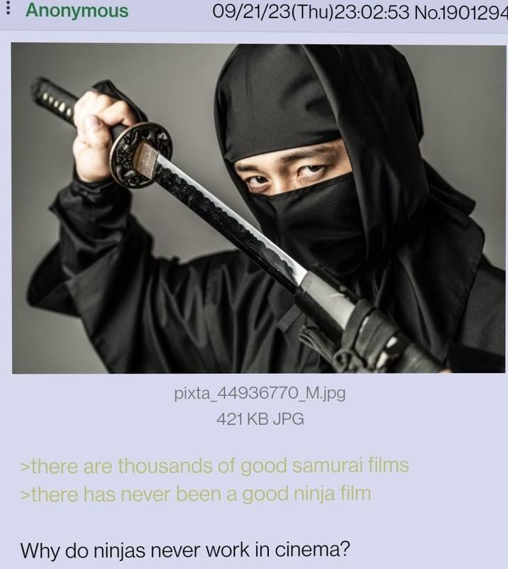 Anonymous 09/21/23(Thu)23:02:53 No.1901294 pixta_44936770_M.jpg 421 KB JPG >there are thousands of good samurai films >there has never been a good ninja film Why do ninjas never work in cinema?