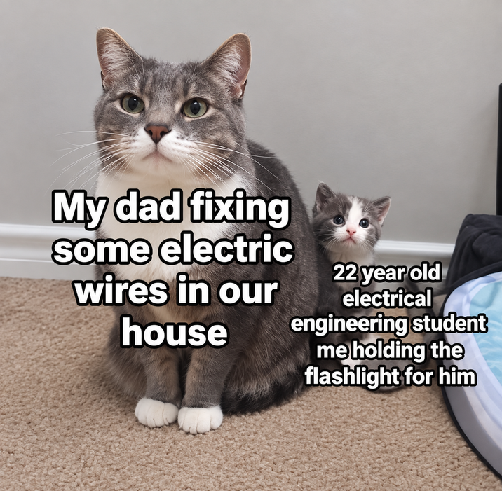 My dad fixing some electric wires in our house 22 year old electrical engineering student me holding the flashlight for him