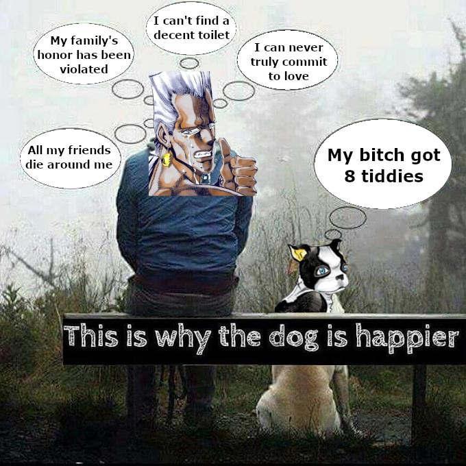 My family's honor has been) violated I can't find a decent toilet I can never truly commit to love All my friends die around me My bitch got 8 tiddies This is why the dog is happier