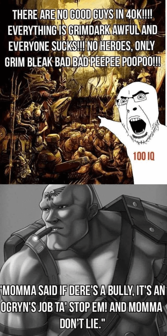 THERE ARE NO GOOD GUYS IN 40K!!!! EVERYTHING IS GRIMDARK AWFUL AND EVERYONE SUCKS!!! NO HEROES, ONLY GRIM BLEAK BAD BAD PEEPEE POOPOO!!! 100 IQ MOMMA SAID IF DERE'S A BULLY, IT'S AN OGRYN'S JOB TA' STOP EM! AND MOMMA DON'T LIE."