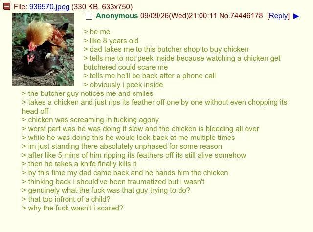 File: 936570.jpeg (330 KB, 633x750) Anonymous 09/09/26(Wed)21:00:11 No.74446178 [Reply] > be me > like 8 years old > dad takes me to this butcher shop to buy chicken > tells me to not peek inside because watching a chicken get butchered could scare me > tells me he'll be back after a phone call > obviously i peek inside > the butcher guy notices me and smiles > takes a chicken and just rips its feather off one by one without even chopping its head off > chicken was screaming in f------ agony > worst part was he was doing it slow and the chicken is bleeding all over > while he was doing this he would look back at me multiple times > im just standing there absolutely unphased for some reason > after like 5 mins of him ripping its feathers off its still alive somehow > then he takes a knife finally kills it > by this time my dad came back and he hands him the chicken > thinking back i should've been traumatized but i wasn't > genuinely what the f--- was that guy trying to do? > that too infront of a child? > why the f--- wasn't i scared?