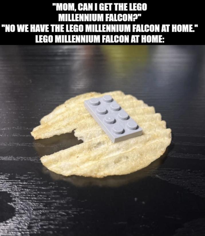 "MOM, CAN I GET THE LEGO MILLENNIUM FALCON?" "NO WE HAVE THE LEGO MILLENNIUM FALCON AT HOME." LEGO MILLENNIUM FALCON AT HOME: