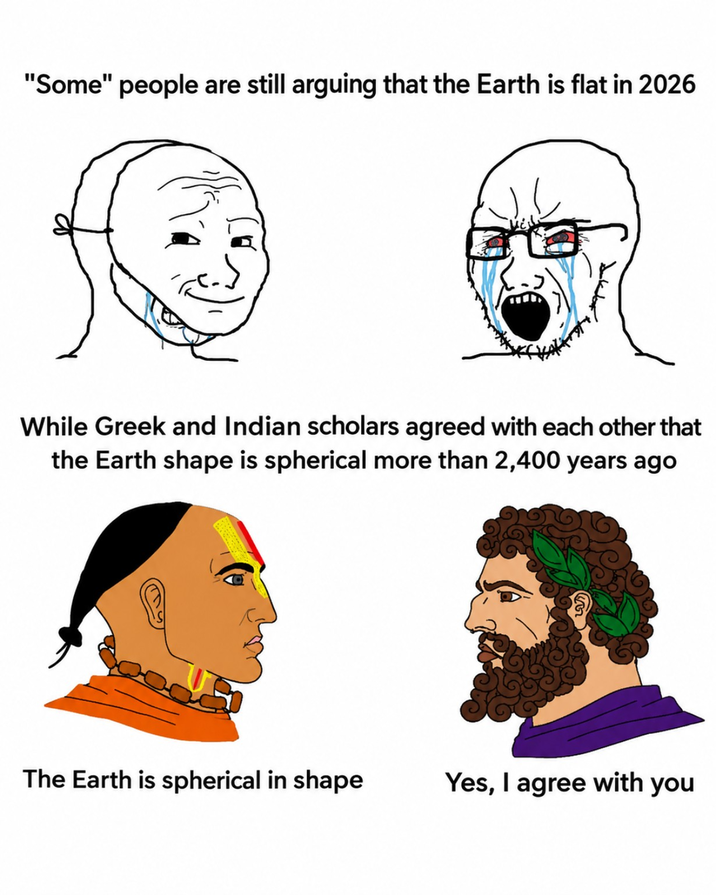 "Some" people are still arguing that the Earth is flat in 2026 While Greek and Indian scholars agreed with each other that the Earth shape is spherical more than 2,400 years ago The Earth is spherical in shape Yes, I agree with you
