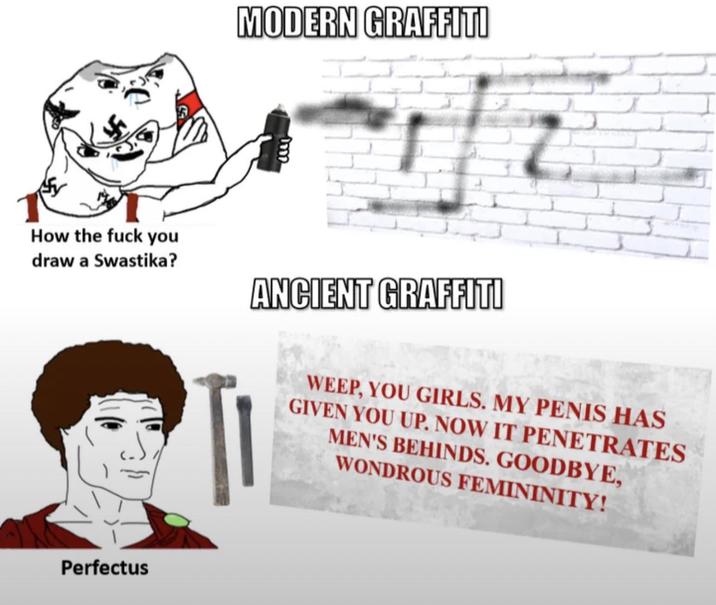 MODERN GRAFFITI How the f--- you draw a Swastika? ANCIENT GRAFFITI Perfectus WEEP, YOU GIRLS. MY PENIS HAS GIVEN YOU UP. NOW IT PENETRATES MEN'S BEHINDS. GOODBYE, WONDROUS FEMININITY!