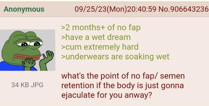 Anonymous 34 KB JPG 09/25/23(Mon)20:40:59 No.906643236 >2 months+ of no fap >have a wet dream >c-- extremely hard >underwears are soaking wet what's the point of no fap/semen retention if the body is just gonna e-------- for you anway?