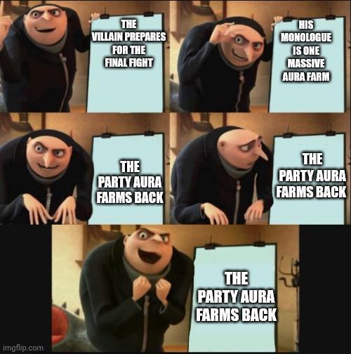 imgflip.com THE VILLAIN PREPARES FOR THE FINAL FIGHT HIS MONOLOGUE IS ONE MASSIVE AURA FARM THE PARTY AURA FARMS BACK THE PARTY AURA FARMS BACK THE PARTY AURA FARMS BACK