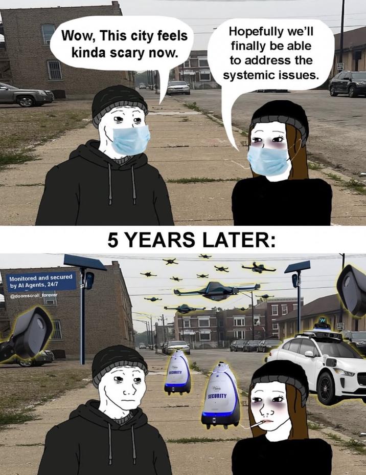 Wow, This city feels kinda scary now. Hopefully we'll finally be able to address the systemic issues. Monitored and secured by Al Agents, 24/7 @doomscroll forever 5 YEARS LATER: SECURITY SECURITY