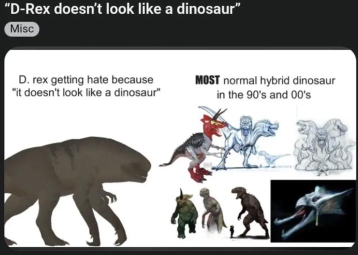 "D-Rex doesn't look like a dinosaur" Misc D. rex getting hate because "it doesn't look like a dinosaur" MOST normal hybrid dinosaur in the 90's and 00's