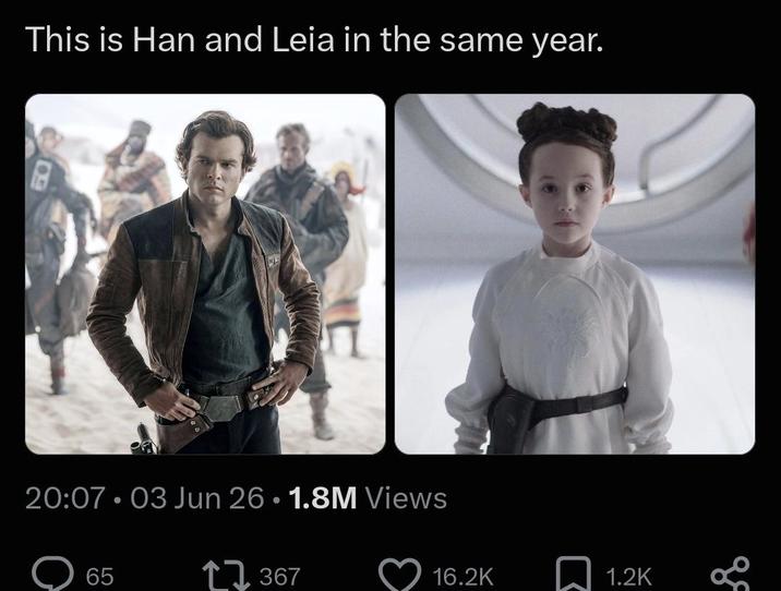 This is Han and Leia in the same year. 20:07 03 Jun 26.1.8M Views • 65 17367 16.2K 1.2K ge