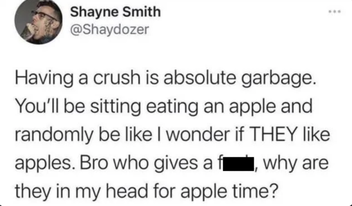 Shayne Smith @Shaydozer Having a crush is absolute garbage. You'll be sitting eating an apple and randomly be like I wonder if THEY like apples. Bro who gives a f, why are they in my head for apple time?