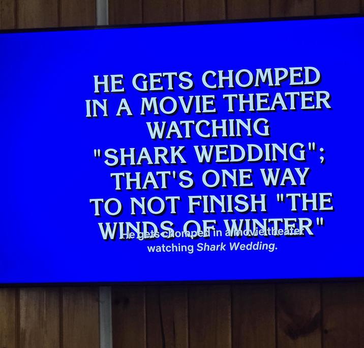HE GETS CHOMPED IN A MOVIE THEATER WATCHING "SHARK WEDDING"; THAT'S ONE WAY TO NOT FINISH "THE gets chomp in a movie theater watching Shark Wedding. "1