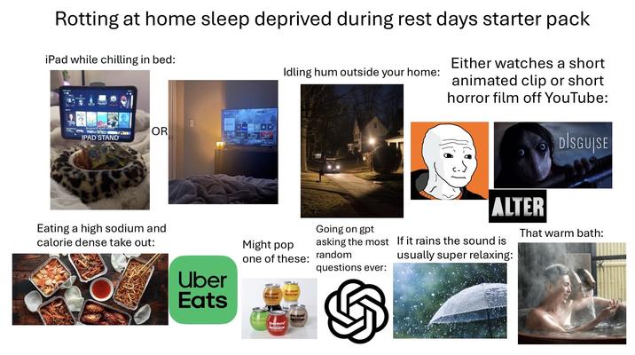 Rotting at home sleep deprived during rest days starter pack iPad while chilling in bed: leopard ipad sana OR IPAD STAND Eating a high sodium and calorie dense take out: Uber Eats Idling hum outside your home: Either watches a short animated clip or short horror film off YouTube: DISGUISE Might pop one of these: Going on gpt asking the most random questions ever: ALTER If it rains the sound is usually super relaxing: That warm bath: BuxxBail