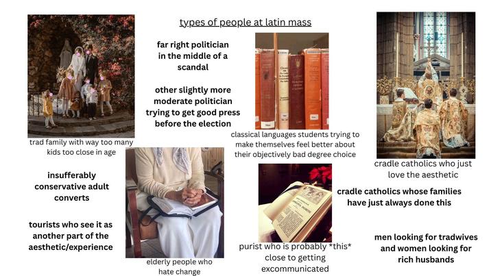 trad family with way too many kids too close in age insufferably conservative adult converts types of people at latin mass far right politician in the middle of a scandal other slightly more moderate politician trying to get good press before the election Hoc CICERO CLASSICAL LIBRARY CLASS 1161 Cicero Ci Lett Cicero Pro Caelie CICERO Pro Pro Flac DE NATURA DEGRUM ACADEMIC De Provinci Consulariba Pro Balbo Hoc Hac 200 HARVARD WIN classical languages students trying to make themselves feel better about their objectively bad degree choice EPIPHANIE SHPHANIA DOMINI cradle catholics who just love the aesthetic cradle catholics whose families have just always done this tourists who see it as another part of the aesthetic/experience elderly people who hate change purist who is probably *this* close to getting excommunicated men looking for tradwives and women looking for rich husbands