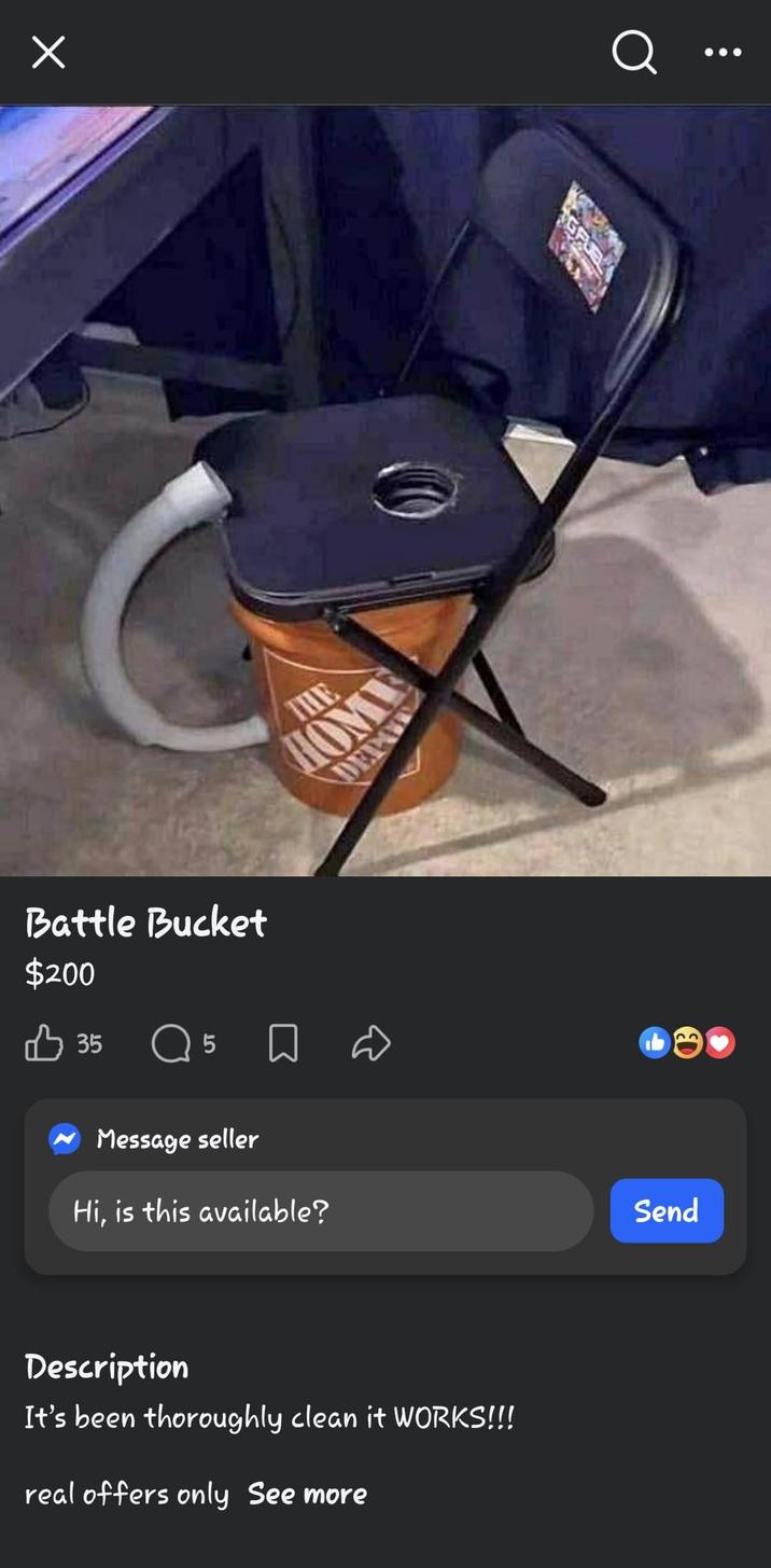 Battle Bucket $200 ♡ 35 Q 5 ☐ Message seller THE HOME DEPOT Hi, is this available? Send Description It's been thoroughly clean it WORKS!!! real offers only See more B