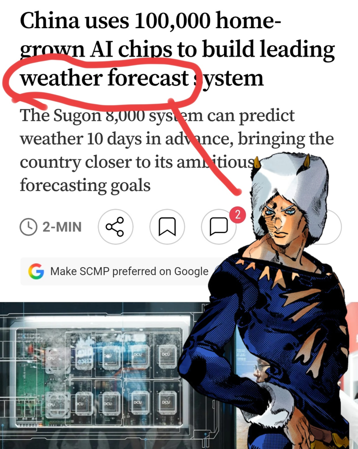 China uses 100,000 home- grown AI chips to build leading weather forecast system The Sugon 8,000 system can predict weather 10 days in advance, bringing the country closer to its ambitious forecasting goals 2 12-MIN бо ☐ G Make SCMP preferred on Google DCU DCU CPU DCU DCU CPU DCU DCU