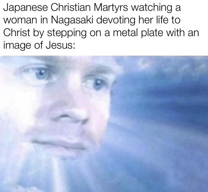 Japanese Christian Martyrs watching a woman in Nagasaki devoting her life to Christ by stepping on a metal plate with an image of Jesus: