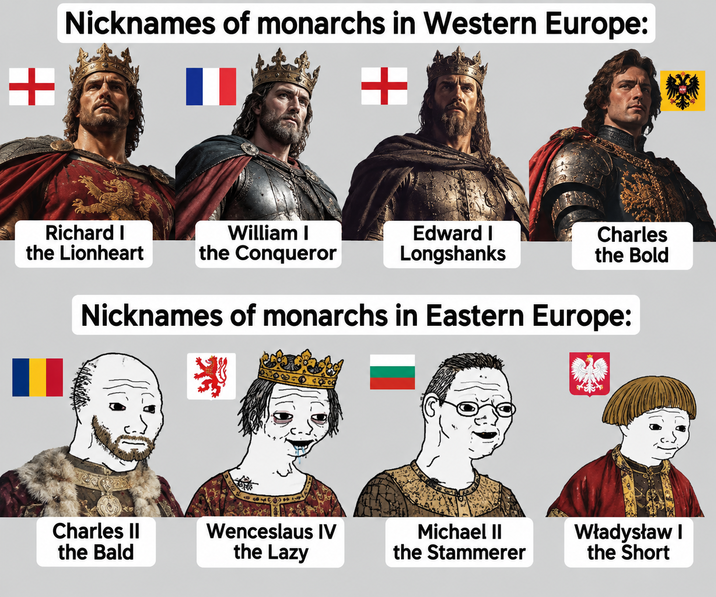 Nicknames of monarchs in Western Europe: + + Richard I the Lionheart William I Edward I Longshanks Charles the Bold the Conqueror Nicknames of monarchs in Eastern Europe: Charles II the Bald Wenceslaus IV the Lazy Michael II the Stammerer Władysław I the Short