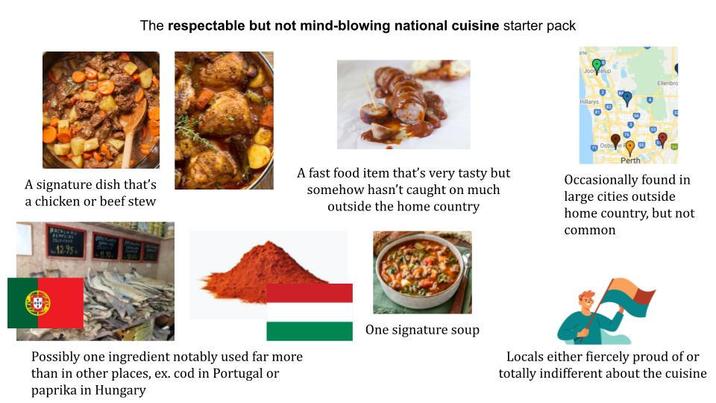 The respectable but not mind-blowing national cuisine starter pack Jocalup Ellenbro Hillarys A signature dish that's a chicken or beef stew A fast food item that's very tasty but somehow hasn't caught on much outside the home country Osbo Perth Occasionally found in large cities outside home country, but not common 12.95 Possibly one ingredient notably used far more than in other places, ex. cod in Portugal or paprika in Hungary One signature soup Locals either fiercely proud of or totally indifferent about the cuisine