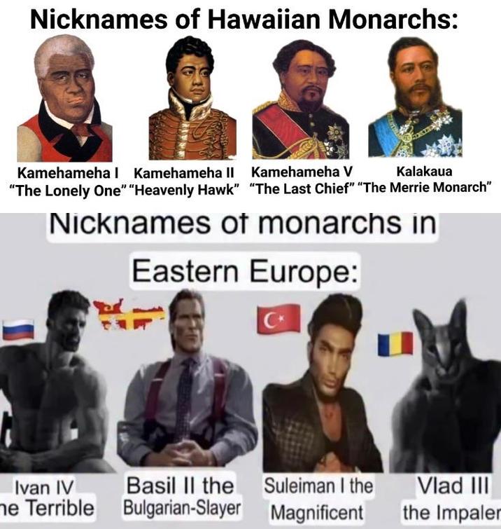 Nicknames of Hawaiian Monarchs: Kamehameha Kamehameha II Kamehameha V Kalakaua "The Lonely One" "Heavenly Hawk" "The Last Chief" "The Merrie Monarch" Nicknames of monarchs in Eastern Europe: Ivan IV Basil II the he Terrible Bulgarian-Slayer Suleiman I the Magnificent Vlad III the Impaler