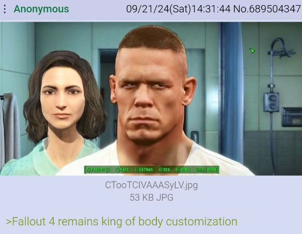 Anonymous 09/21/24(Sat) 14:31:44 No.689504347 00 FARE (DF) FACE EL EXTRAS XI SEX BD Entay DONE CTooTCIVAAASYLV.jpg 53 KB JPG >Fallout 4 remains king of body customization