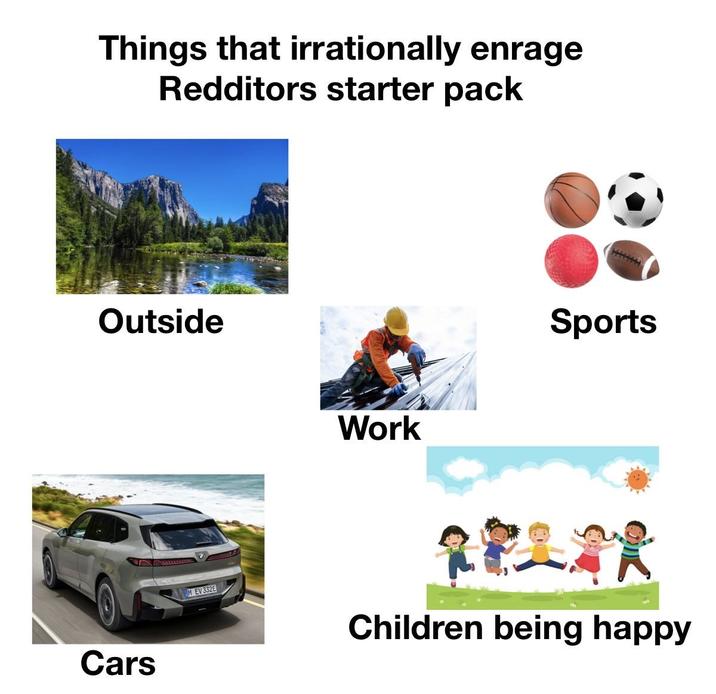 Things that irrationally enrage Redditors starter pack Outside Cars M EV332E Work Sports RELIX Children being happy